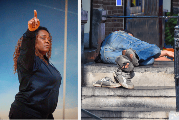 Zwerver op straat met schoenen en kleding, mogelijk dakloos of in nood.