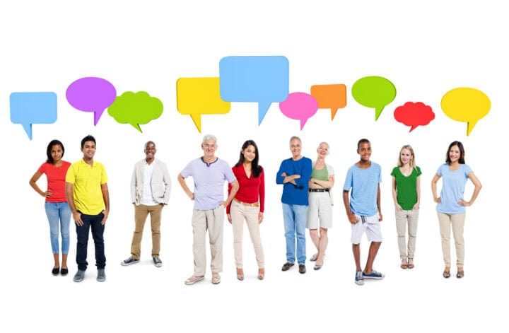 Huurders Ymere Amsterdam met diverse bewoners en kleurrijke spraakballonnen, communicatie en gemeens.